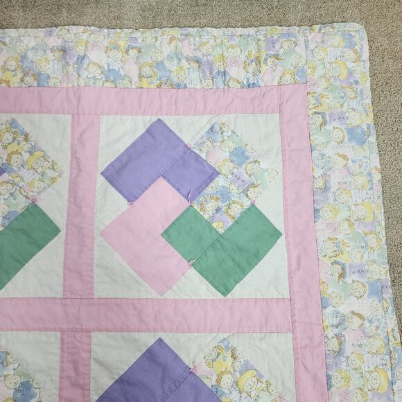 Vintage Patchwork Quilt Baby Blanket Pink Purple Green Pastel Kid Print 37x37 - Picture 2 of 8